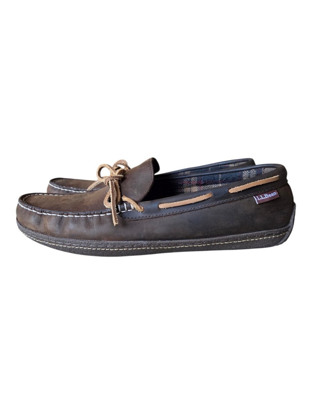 LL Bean Men's Handsewn Flannel Lined Brown Leather Moccasin Slippers Size 11 M